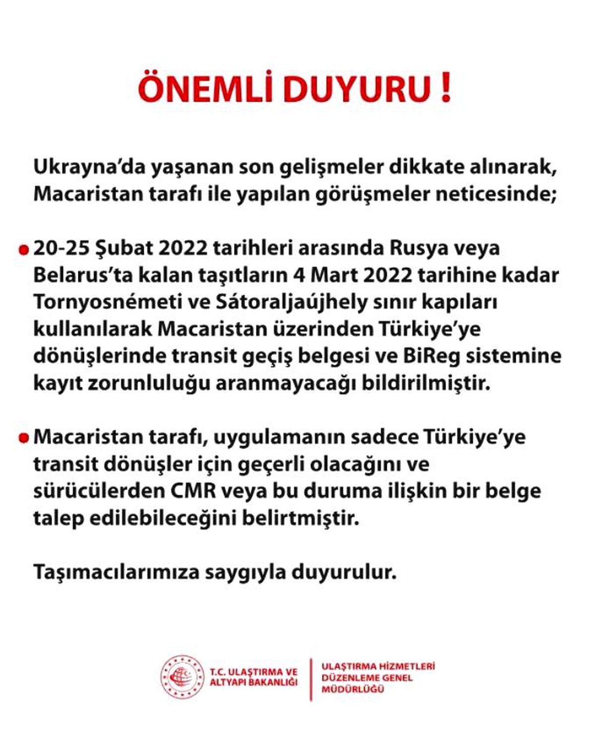 Ulaştırma ve Altyapı Bakanlığından Rusya veya Belarus\'ta kalan taşıtlar hakkında açıklama