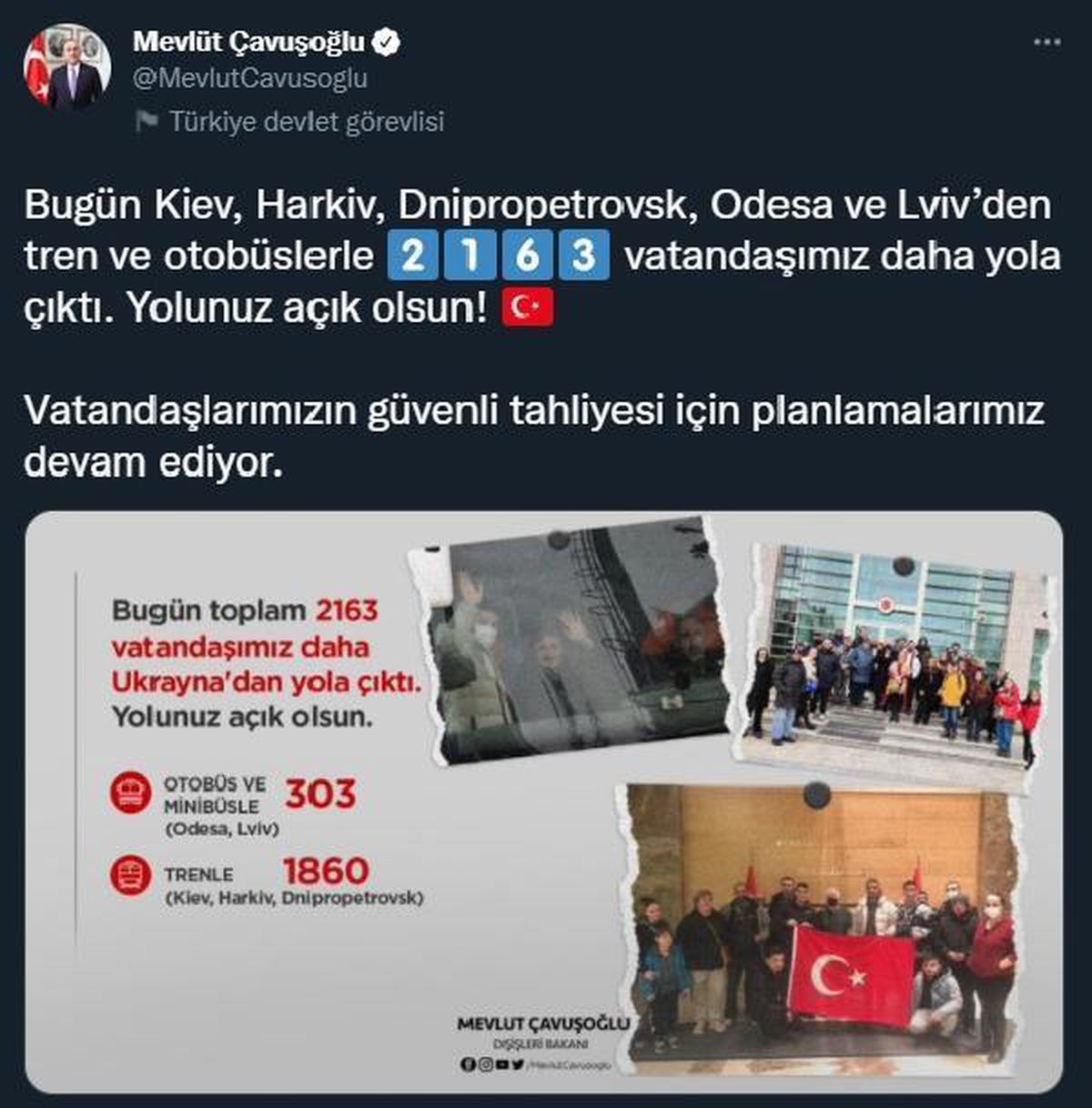 Bakan Çavuşoğlu: "Ukrayna\'dan 2 bin 163 kişi daha tahliye için yola çıktı"