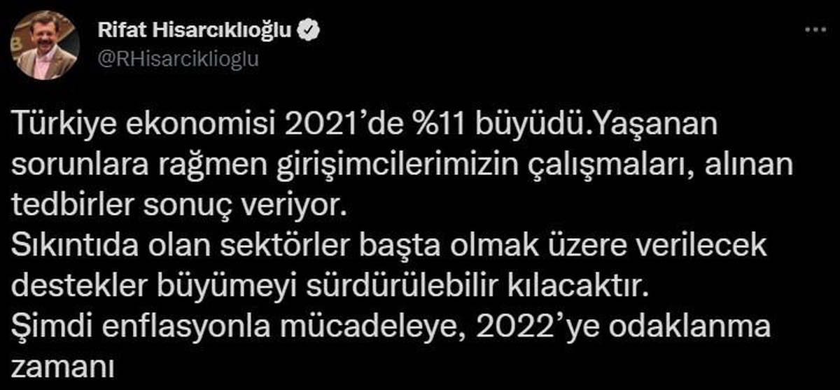 TOBB Başkanı: "Ekonomimiz 2021\'de yüzde 11 büyüdü, şimdi enflasyonla mücadele zamanı"
