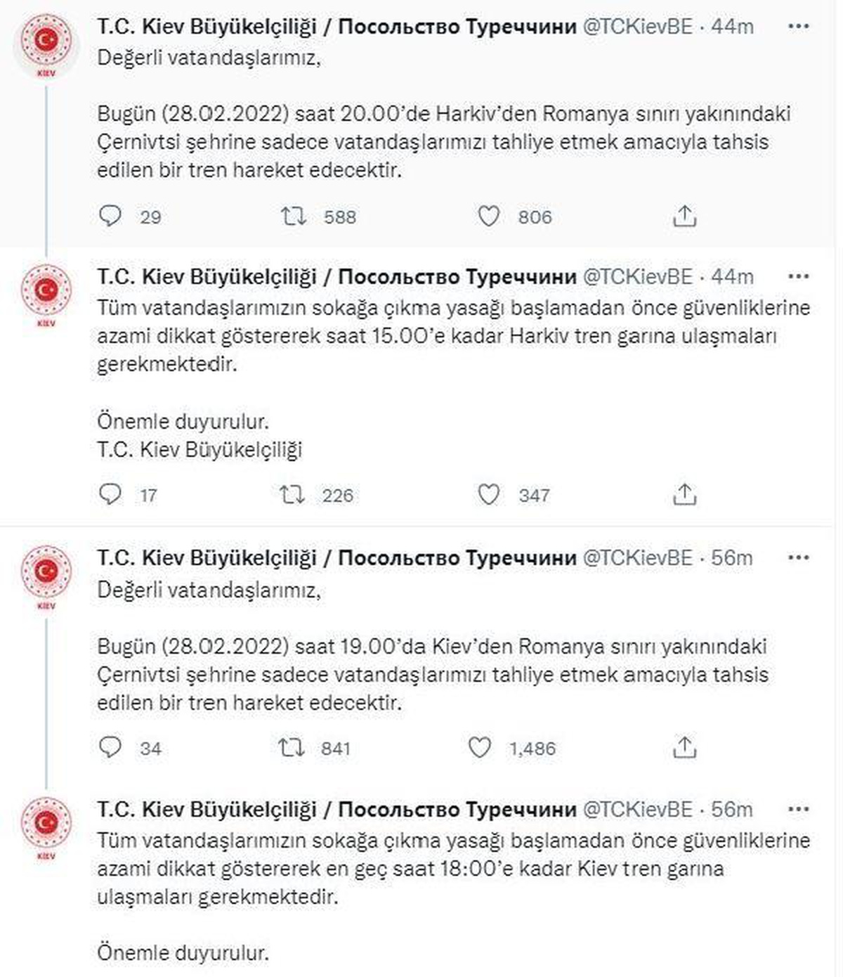 Türk vatandaşları Kiev ve Harkiv\'den trenle tahliye edilecek