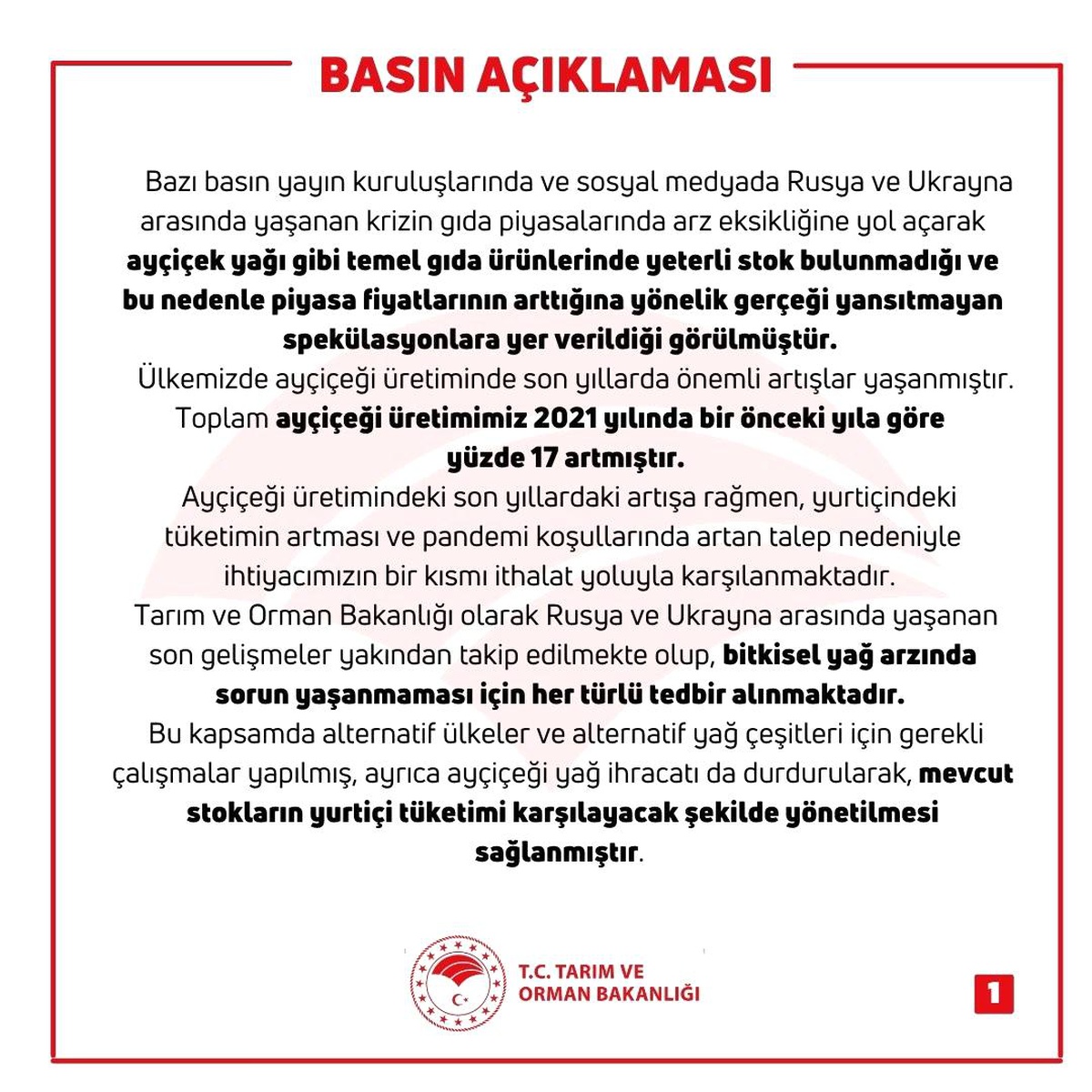 Bakan Kirişci: "Ülkemizin yeterli miktarda ayçiçek yağı stoku bulunmaktadır"