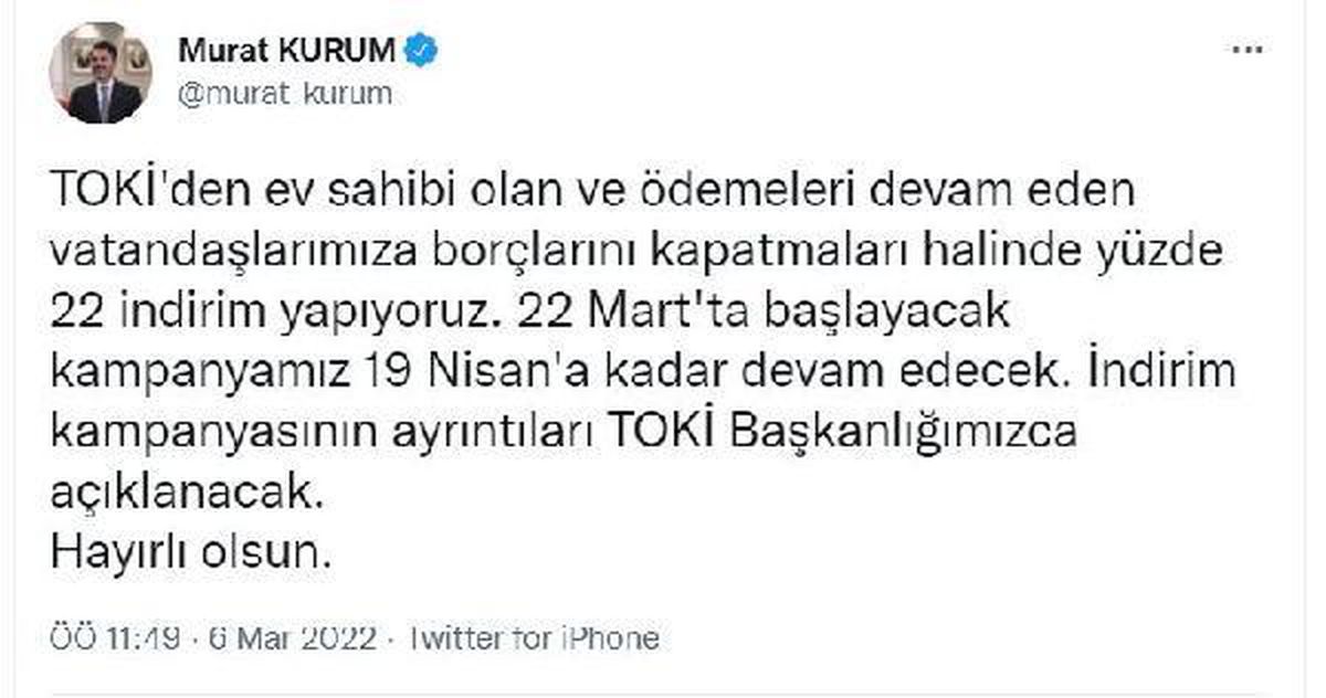 Son Dakika | Bakan Kurum: TOKİ borçlarını kapatanlara yüzde 22 indirim yapıyoruz