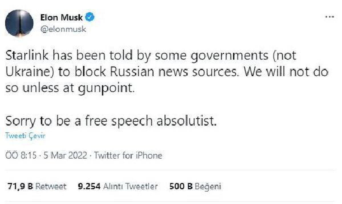 Musk, Ukrayna\'ya altyapı desteği verirken diğer yandan uydu ağını Rusya\'ya kapatmayacak