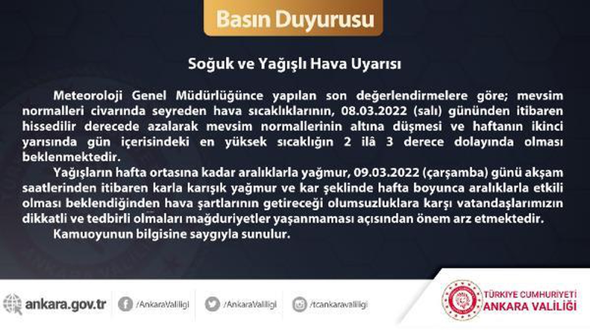 Ankara Valiliğinden \'soğuk ve yağışlı hava\' uyarısı