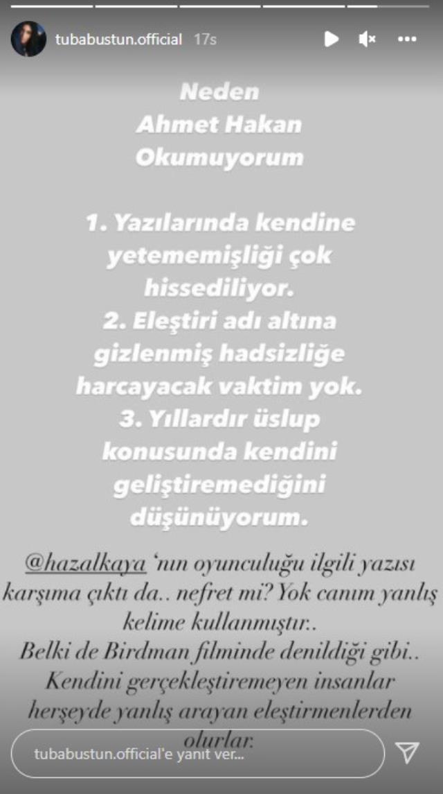 Tuba Büyüküstün, Hazal Kaya'nın oyunculuk performansını eleştiren Ahmet Hakan'a tepki gösterdi