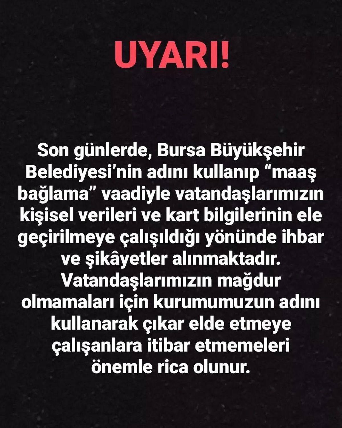 Bursa Büyükşehir Belediyesi\'nden dolandırıcılık uyarısı