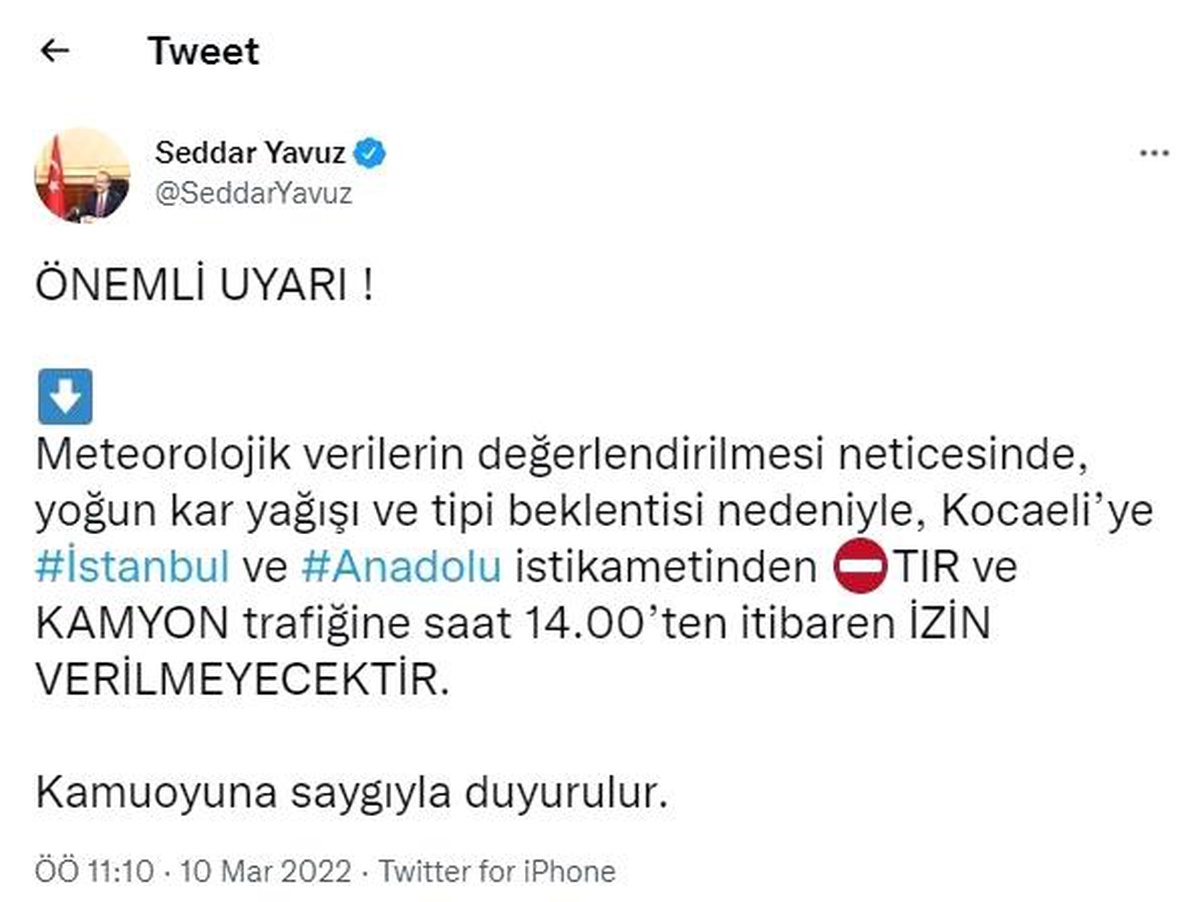 Vali Yavuz: "Tır ve kamyon trafiğine izin verilmeyecektir"