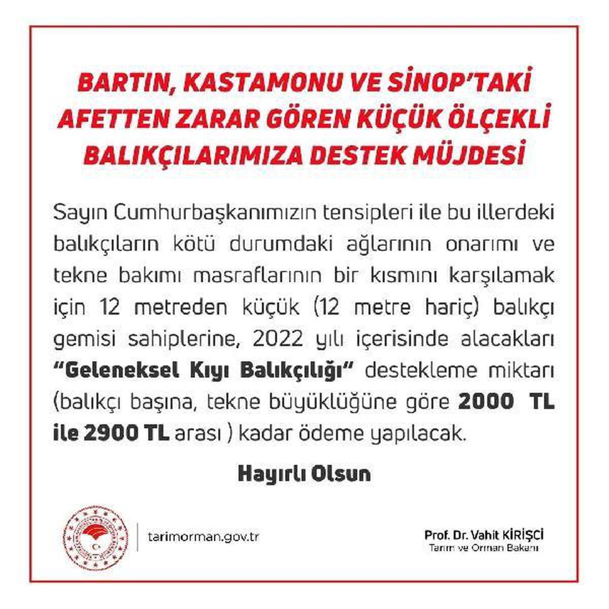 Üç ilde selden zarar gören küçük ölçekli balıkçılara 2 bin-2 bin 900 lira ödeme yapılacak