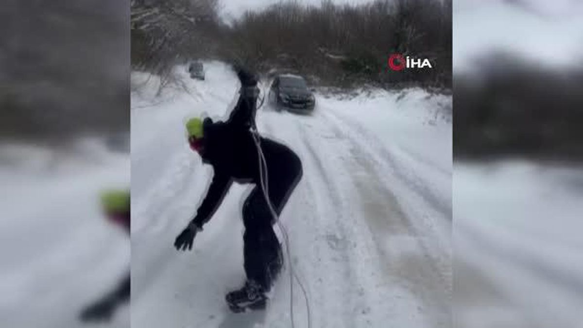 Sarıyer'de bir kişi araca bağladığı iple kayak yaptı