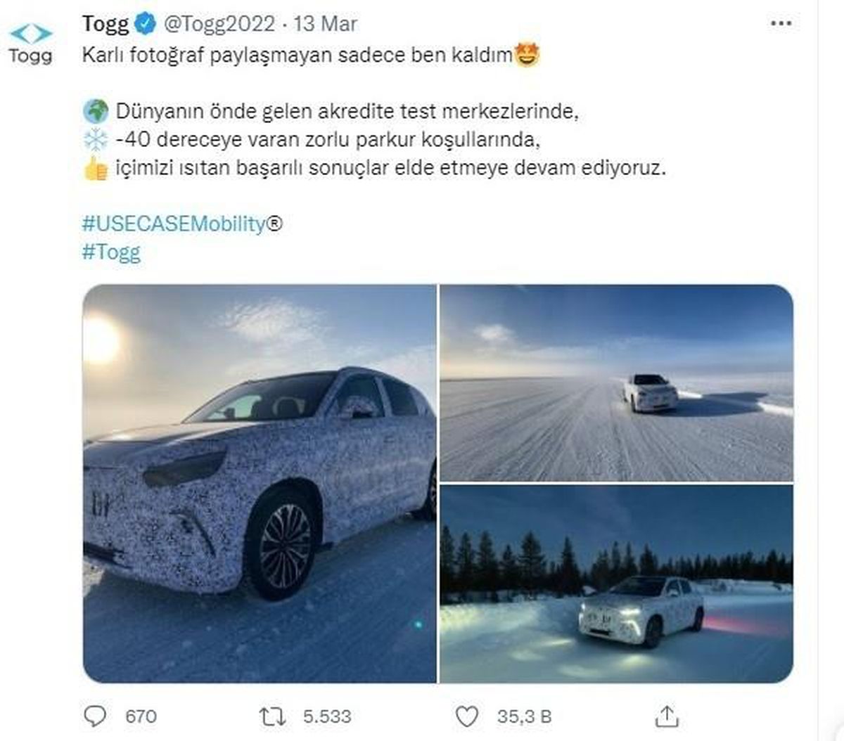TOGG eksi 40 derecede test edildi