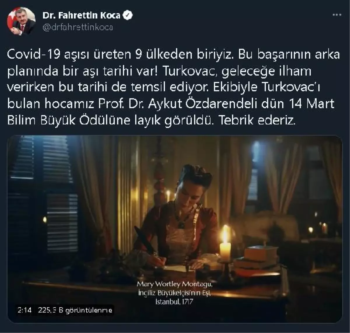 Bakan Koca, Prof. Dr. Aykut Özdarendeli\'yi tebrik etti