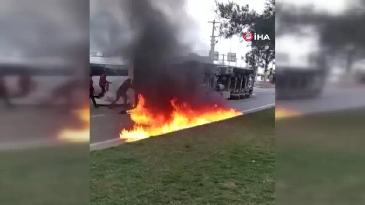 Son dakika: Ölümü göze aldılar, baba ile oğlunu yanan tırdan böyle kurtardılar