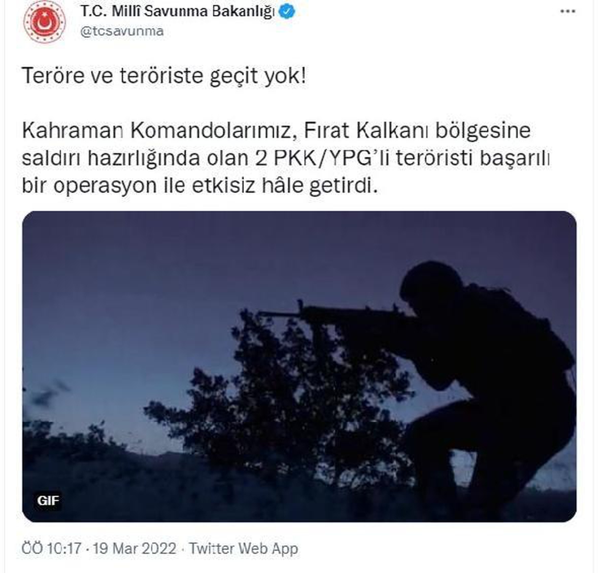MSB: Fırat Kalkanı bölgesinde 2 terörist etkisiz hale getirildi