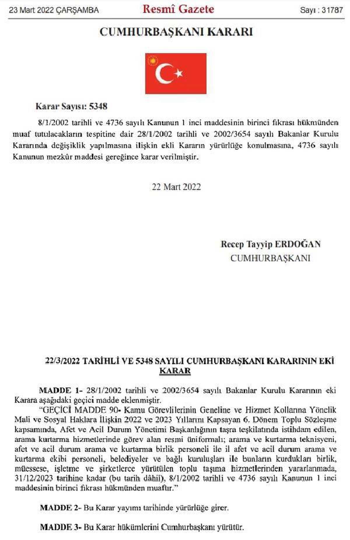 AFAD\'ın taşra teşkilatı personelinin toplu taşıma hizmetlerinden ücretsiz yararlanmasına ilişkin karar Resmi Gazete\'de