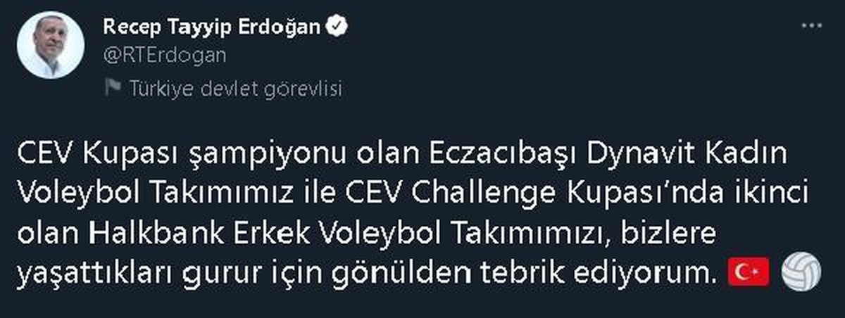 Cumhurbaşkanı Erdoğan\'dan Eczacıbaşı Dynavit ve Halkbank\'a tebrik