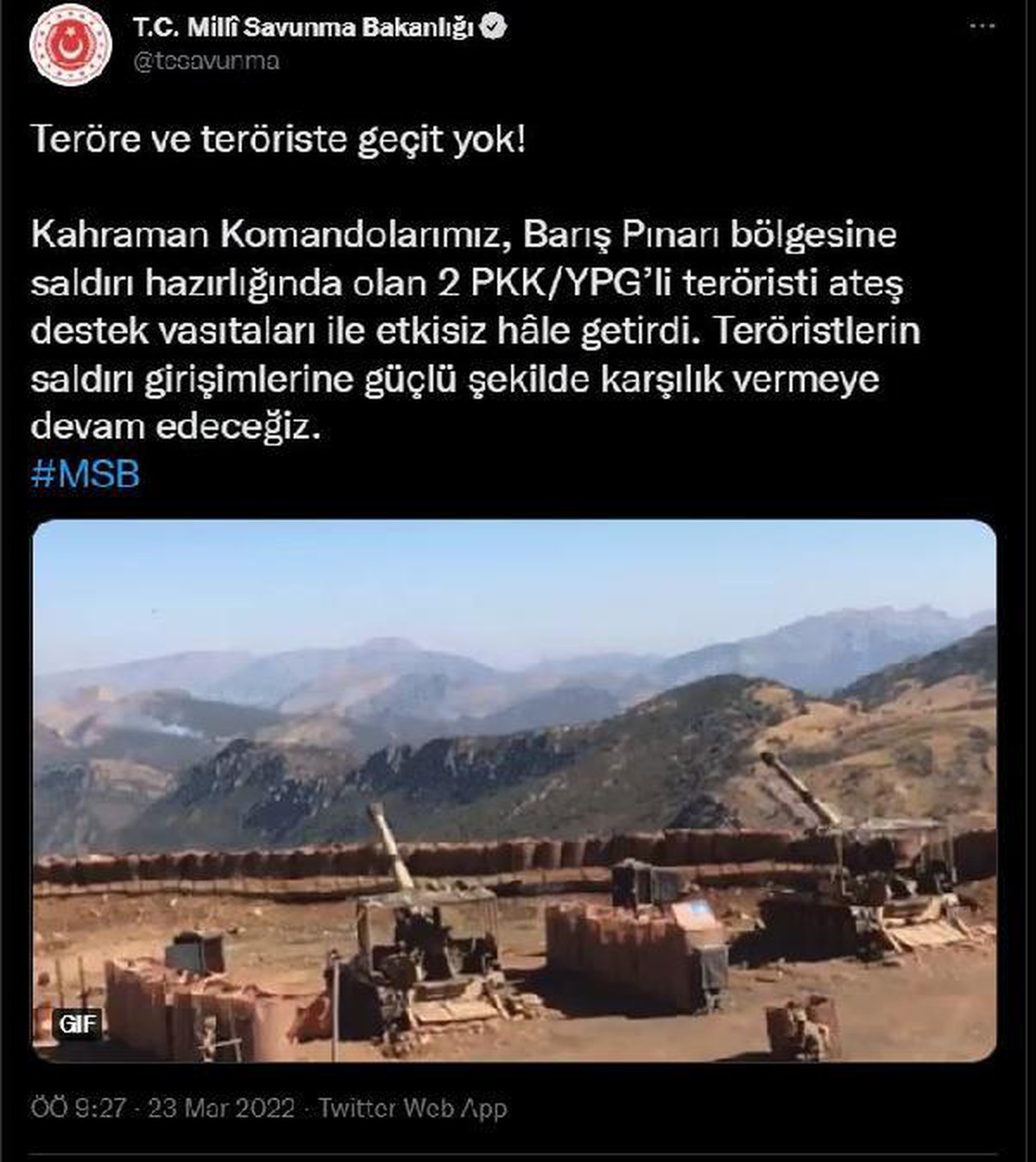 MSB: Saldırı hazırlığındaki 2 PKK/YPG\'li terörist etkisiz hale getirildi