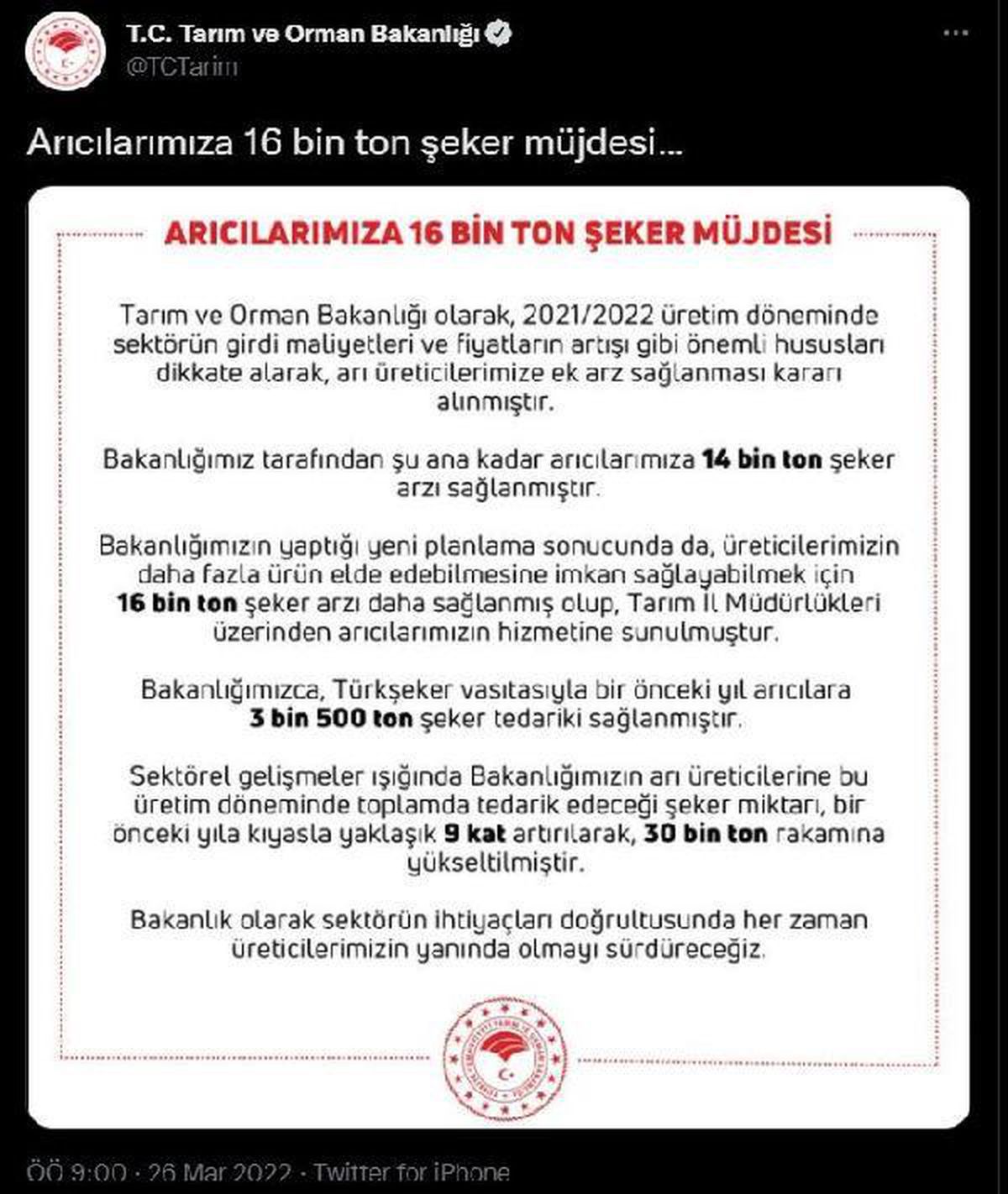 Arıcılara 16 bin ton ilave şeker desteği