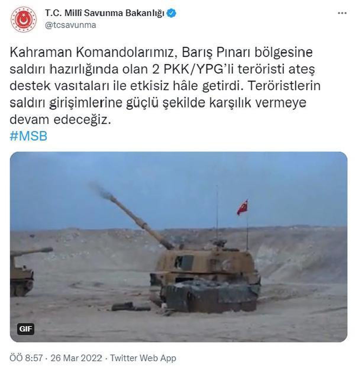 MSB: Barış Pınarı bölgesinde 2 terörist etkisiz hale getirildi