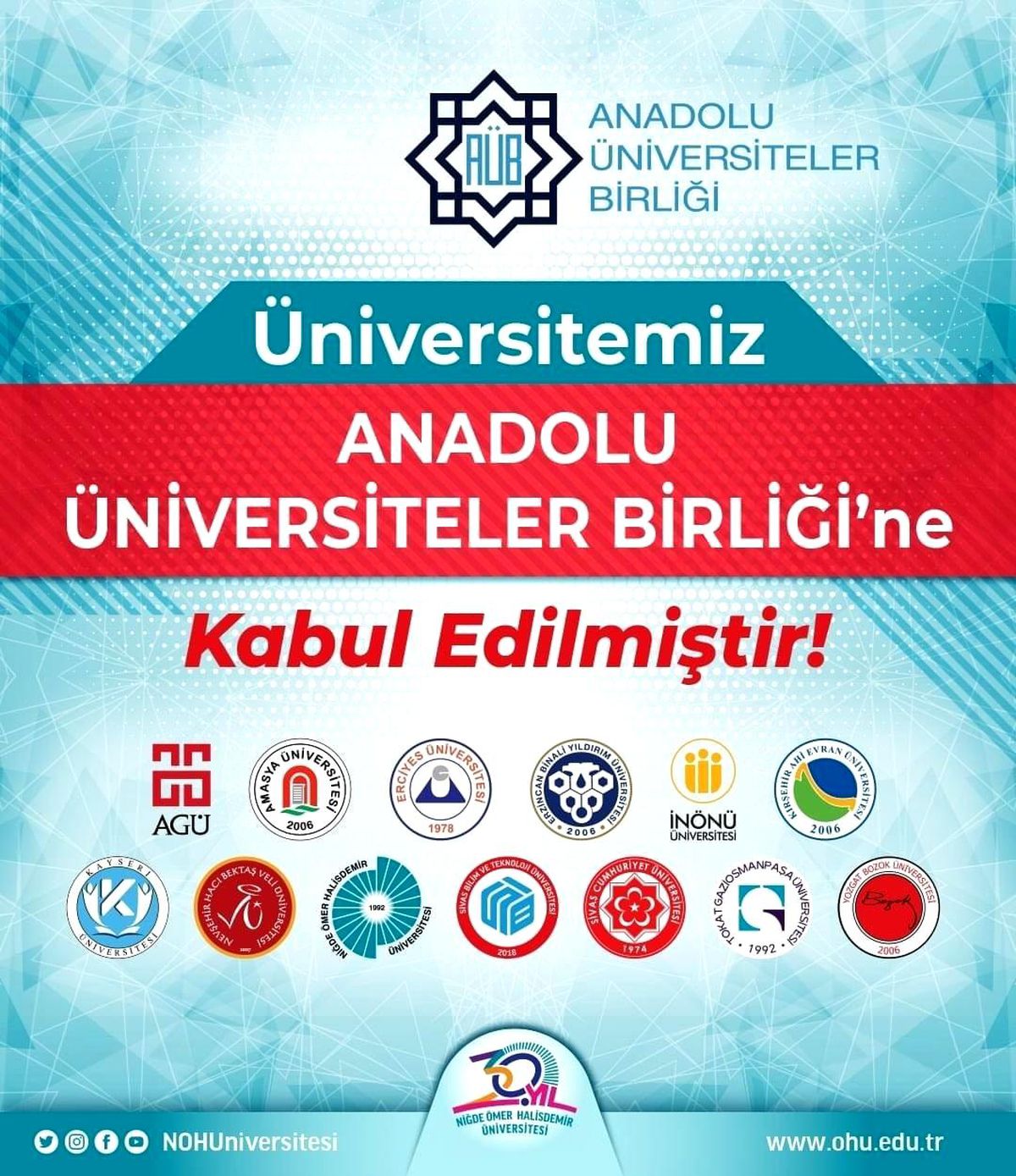 Niğde Ömer Halisdemir Üniversitesi, Anadolu Üniversiteler Birliğine kabul edildi