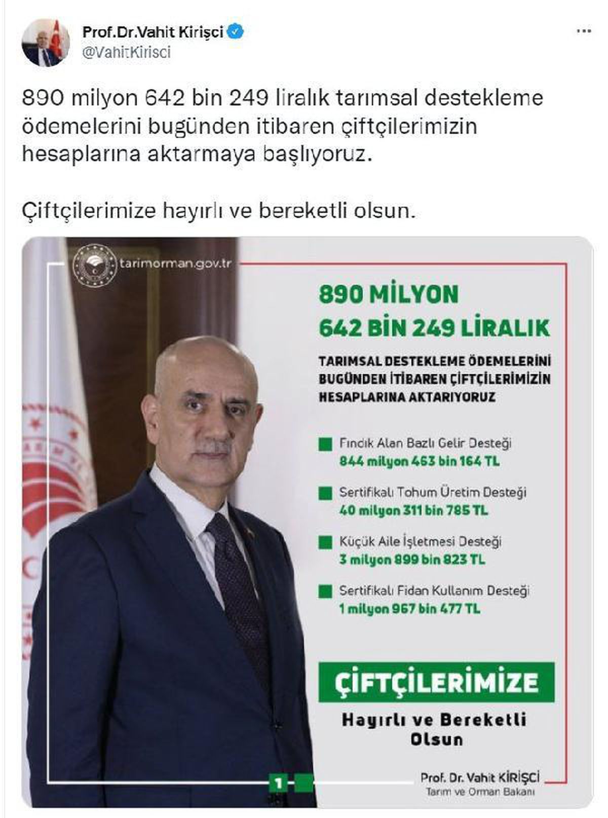 Bakan Kirişci: 890 milyon 642 bin lira tarımsal destekleme ödemesi başladı