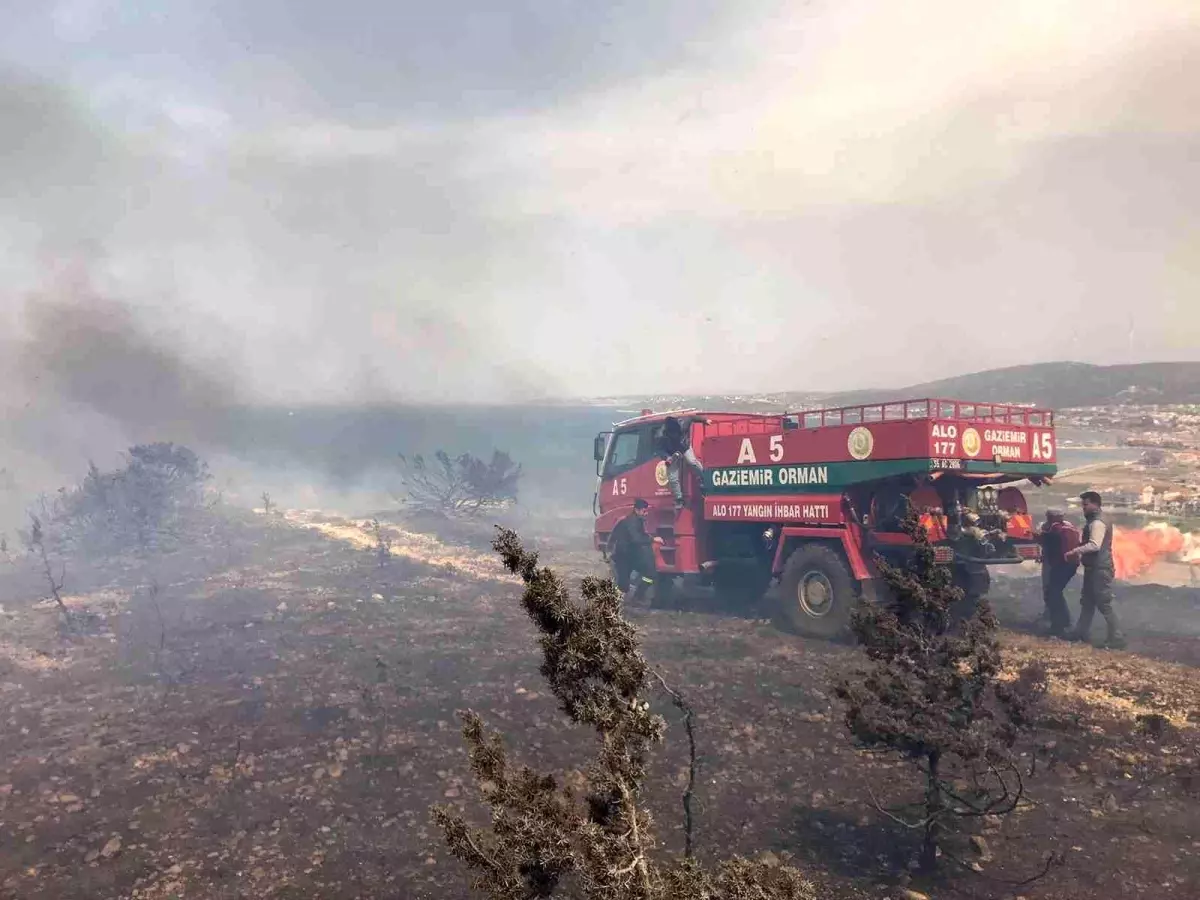 Çeşme\'de otluk alandaki yangına ekipler müdahale ediyor