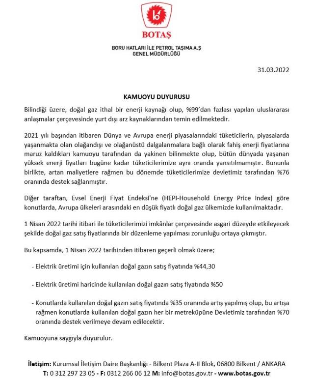 Son Dakika: Konutlarda kullanılan doğal gaza yüzde 35, sanayide kullanılana ise yüzde 50 zam geldi