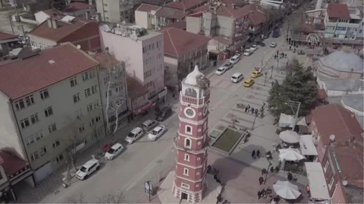 Yenişehir\'in tarihi saat kulesinin leylek çifti yuvasına yerleşti
