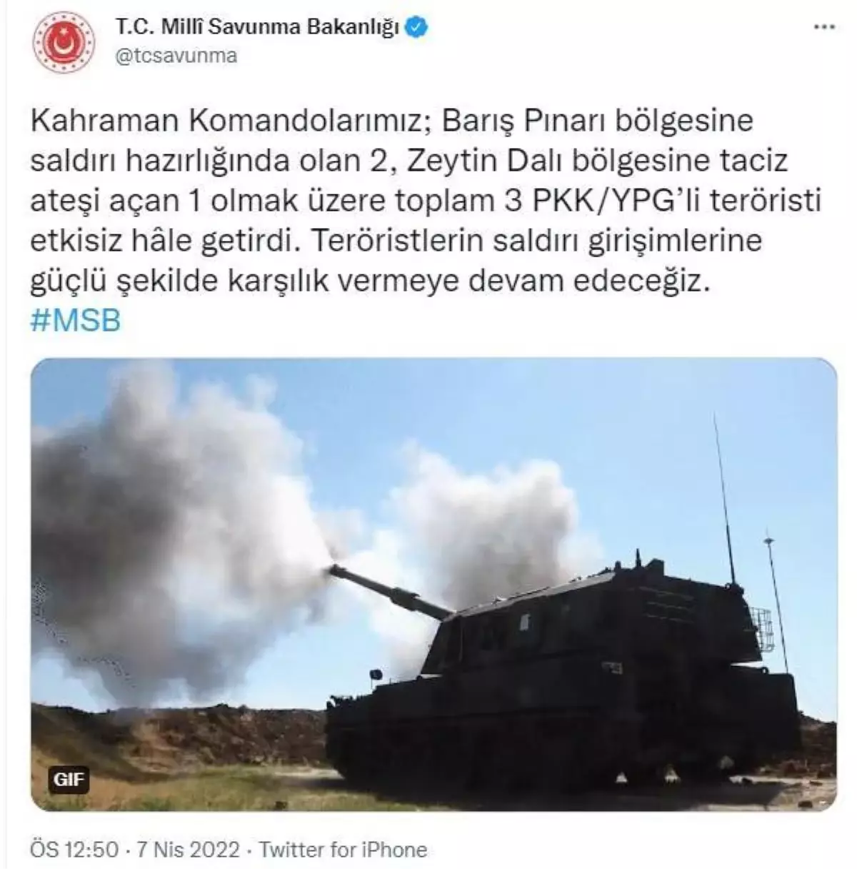 MSB: 3 PKK/YPG\'li terörist etkisiz hale getirildi