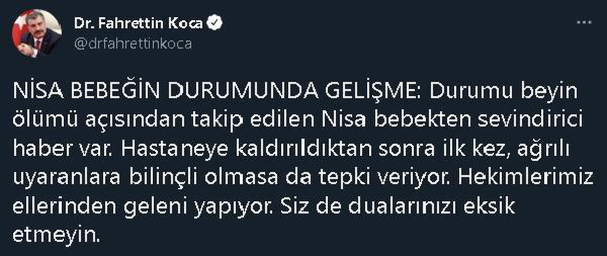 BAKAN KOCA: NİSA BEBEKTEN SEVİNDİRİCİ HABER VAR