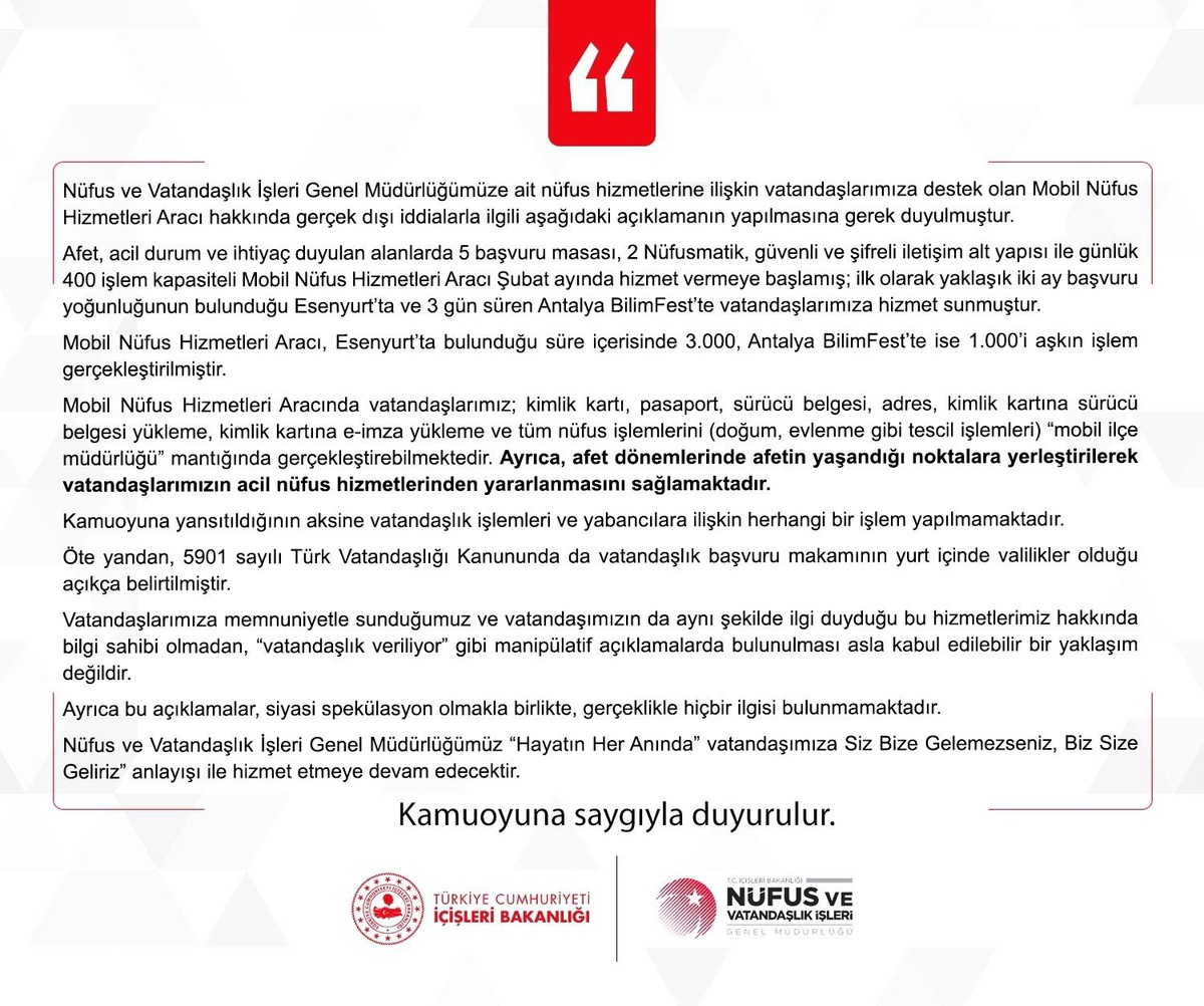 Son dakika: İçişleri Bakanlığı\'ndan Mobil Nüfus Hizmetleri Aracı hakkında çıkan iddialara yalanlama