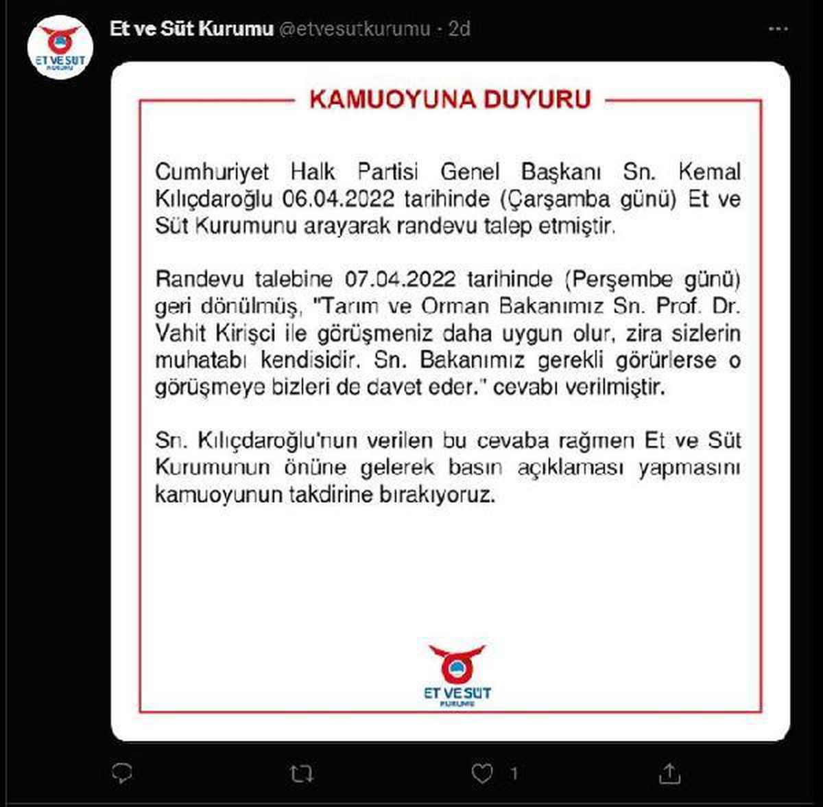 Et ve Süt Kurumundan, CHP Genel Başkanı Kılıçdaroğlu\'nun basın açıklamasına ilişkin paylaşım Açıklaması