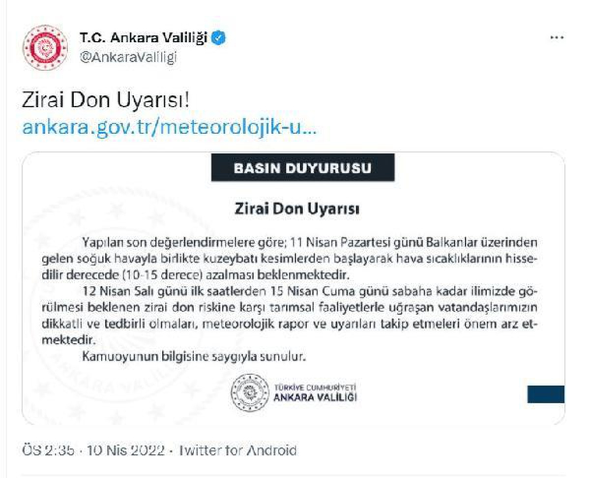 Ankara Valiliği\'nden \'zirai don\' uyarısı