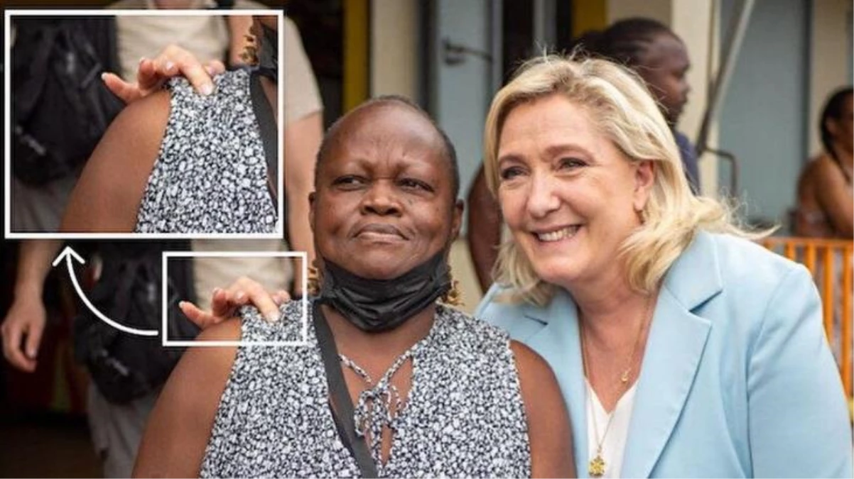 Skandal fotoğraf! İslam düşmanı Fransız aday Marine Le Pen ırkçılığını böyle ilan etti: Siyah kadına tek parmağıyla dokundu
