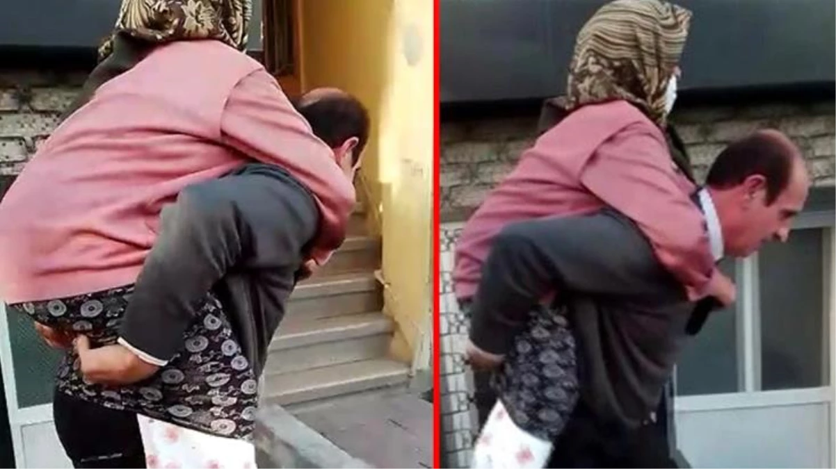 Taksi şoförü, merdiveni çıkamayan yaşlı kadını sırtına alıp taşıdı!