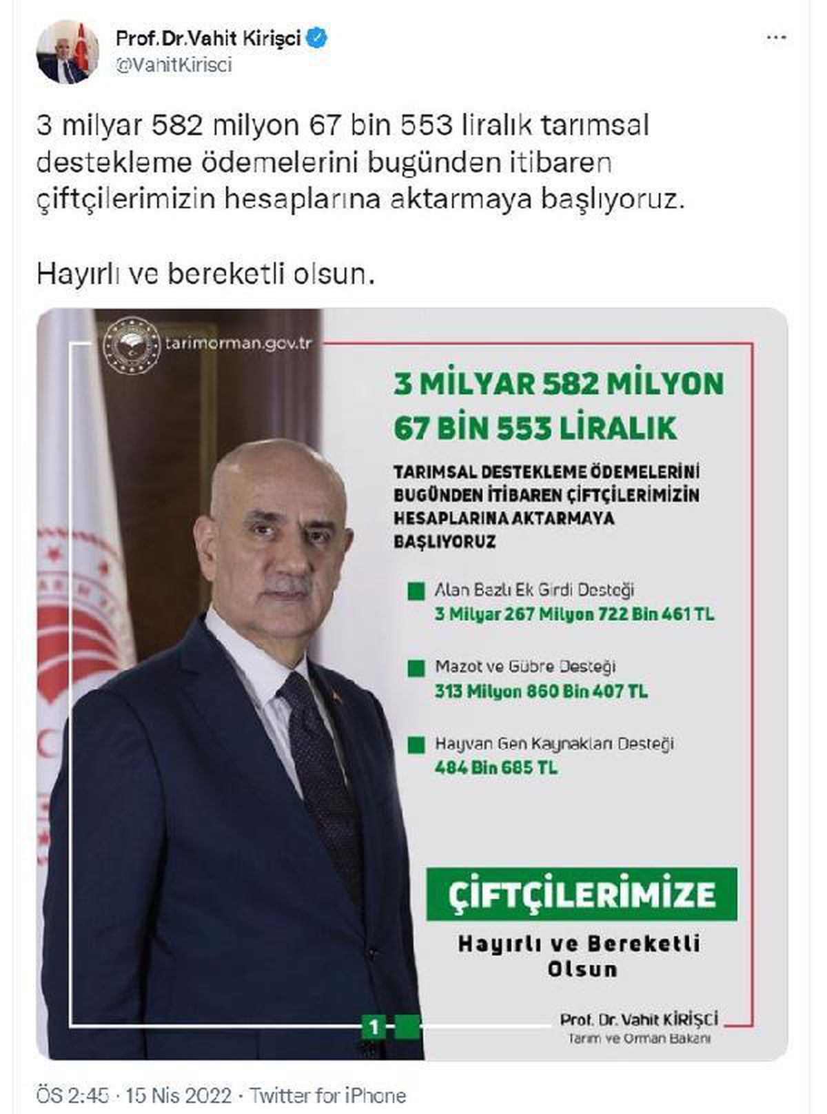 Bakan Kirişci: Tarımsal destek ödemelerini hesaplara aktarıyoruz