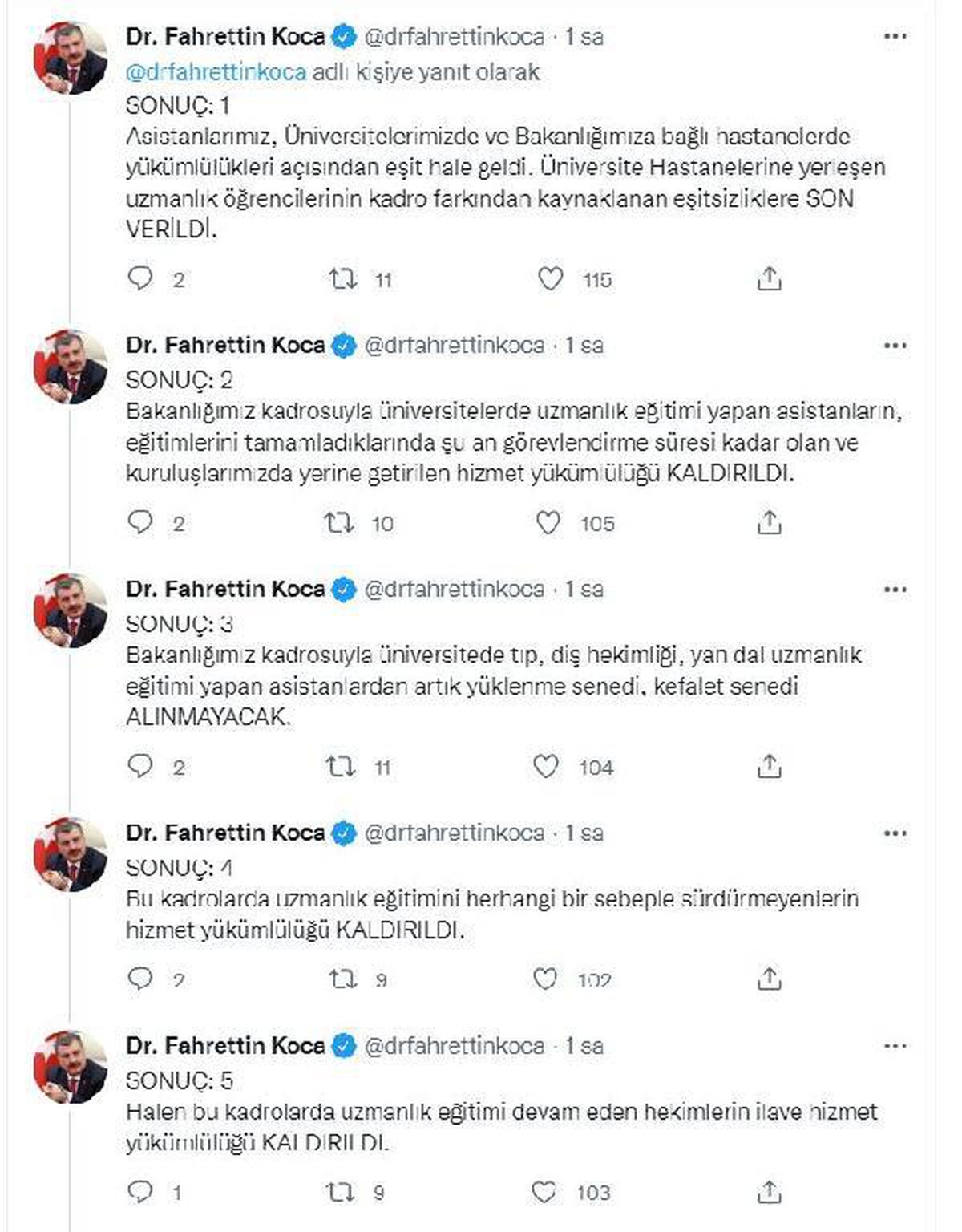 Bakan Koca: Asistanlarımız, yükümlülükleri açısından eşit hale geldi