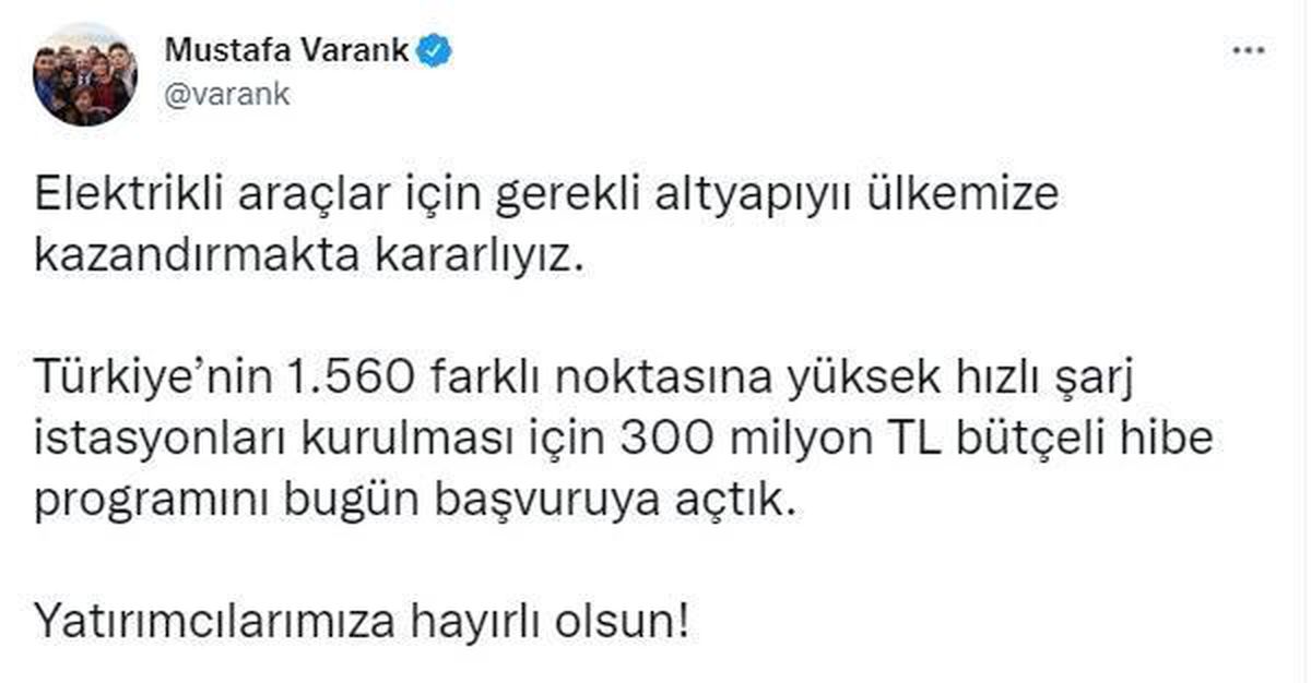 Bakanlıktan, \'Elektrikli Araçlar İçin Hızlı Şarj İstasyonları Hibe Programı\'