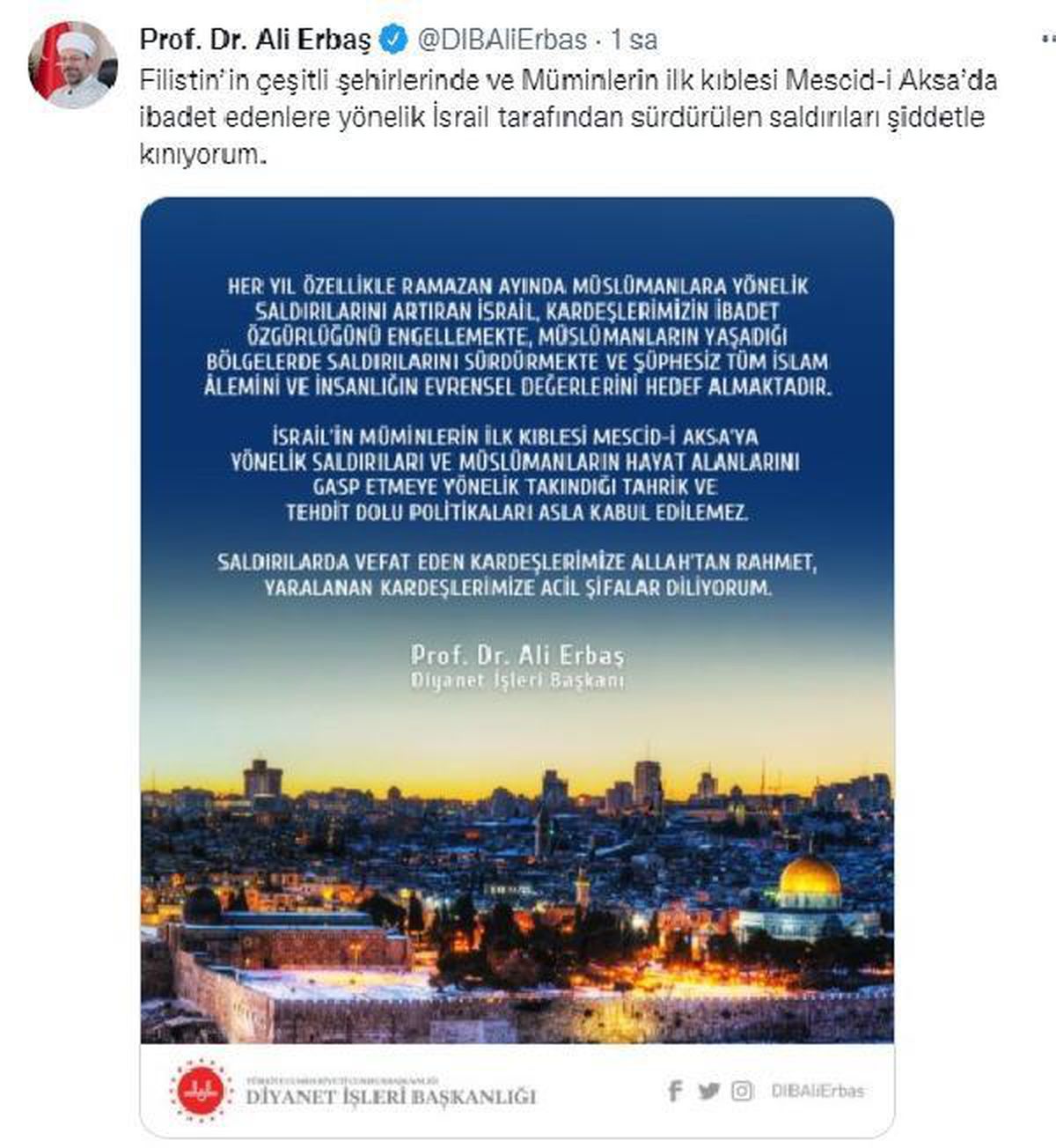 Diyanet İşleri Başkanı Erbaş\'tan İsrail\'e tepki