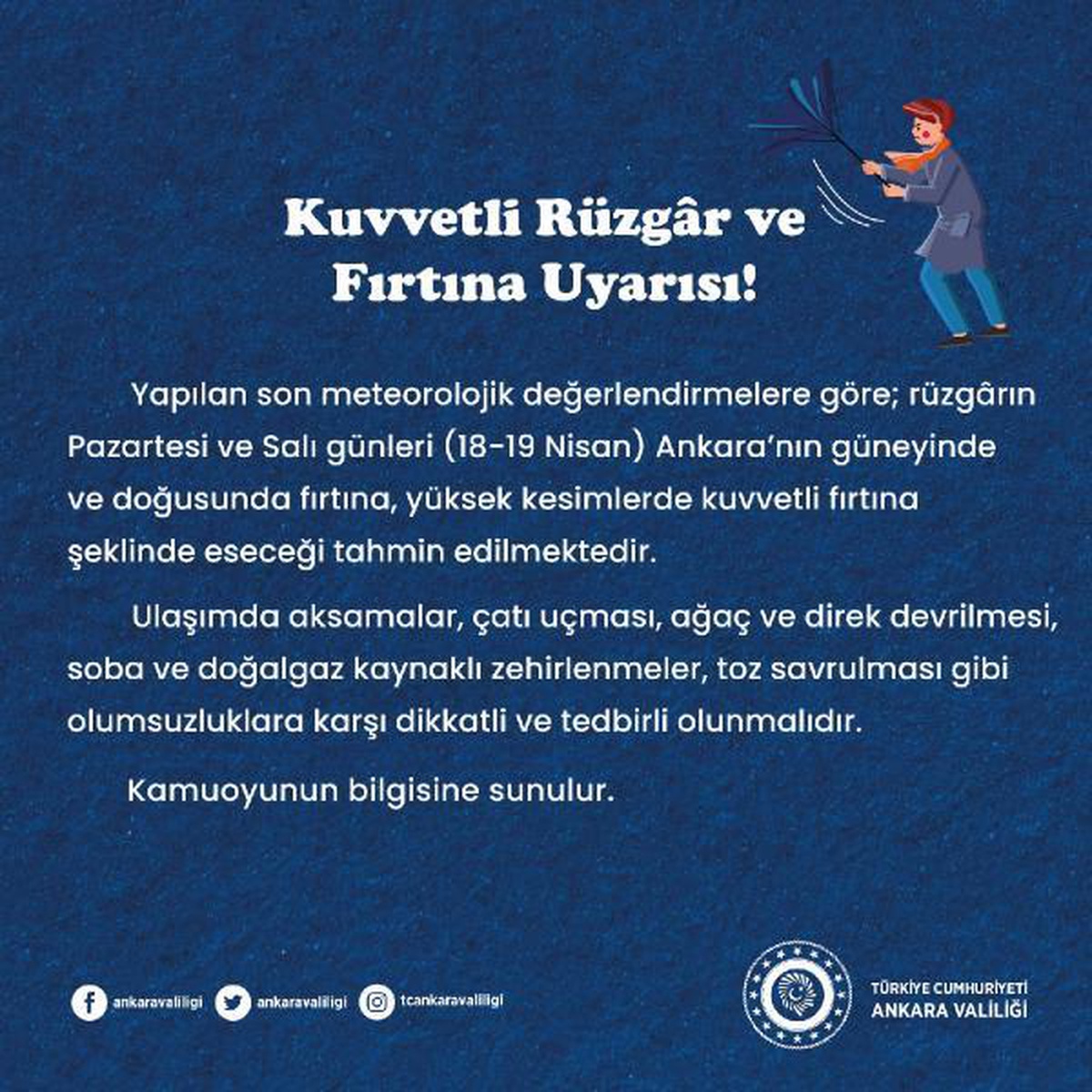 Ankara Valiliği\'nden rüzgar ve fırtına uyarısı