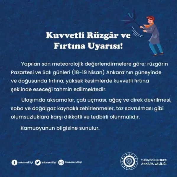 Ankara Valiliği'nden rüzgar ve fırtına uyarısı