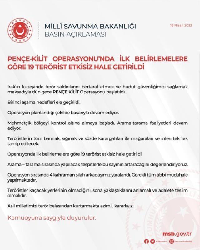 Bakanlık, Pençe Kilit Operasyonu bilançosunu açıkladı: 19 terörist öldürüldü, 4 askerimiz yaralı