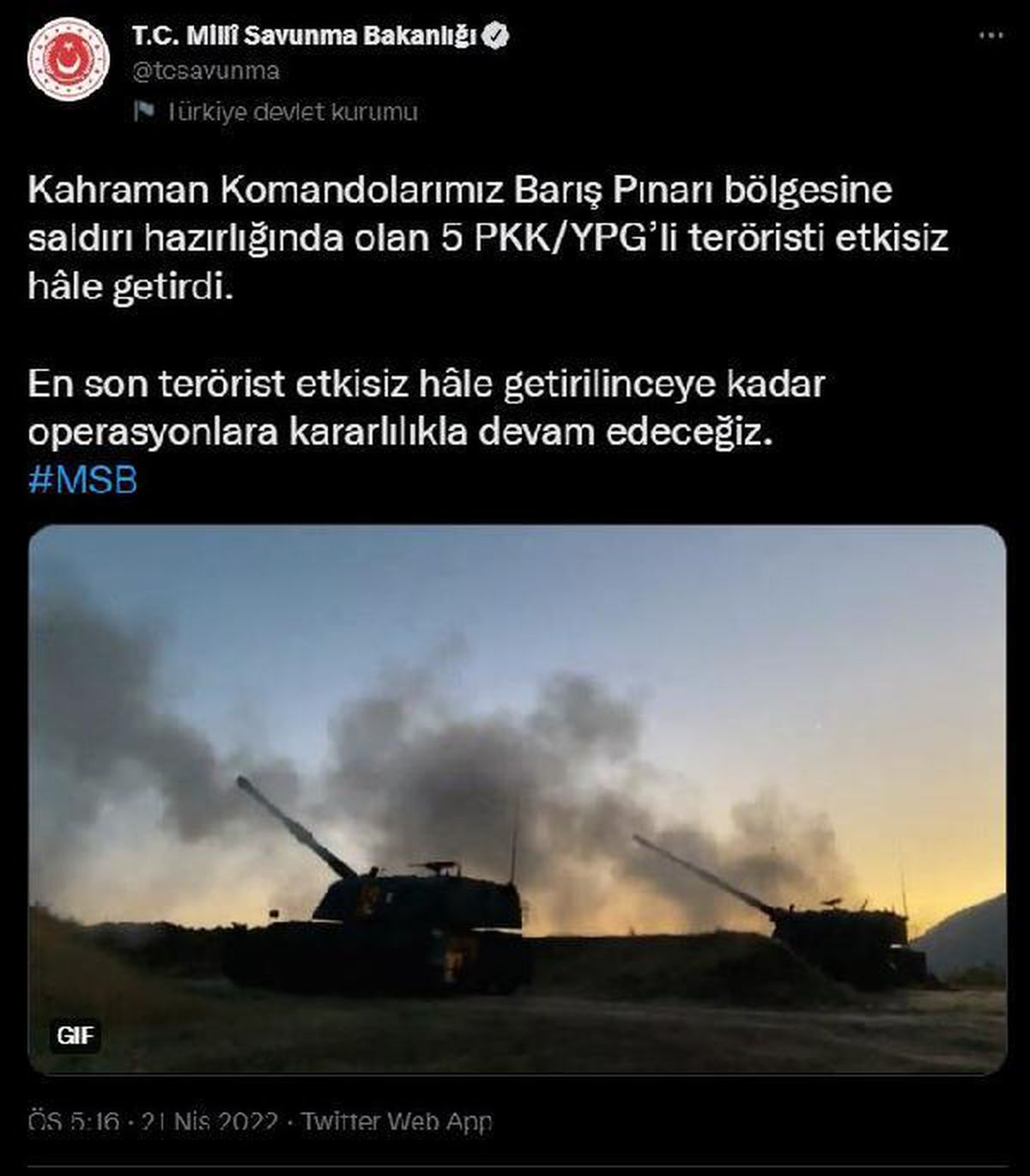 MSB: 5 PKK/YPG\'li terörist etkisiz hale getirildi