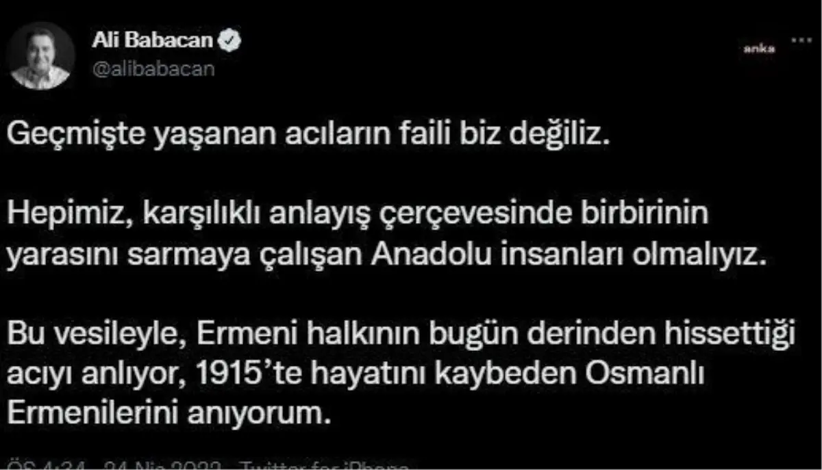 Babacan: 1915\'te Hayatını Kaybeden Osmanlı Ermenilerini Anıyorum