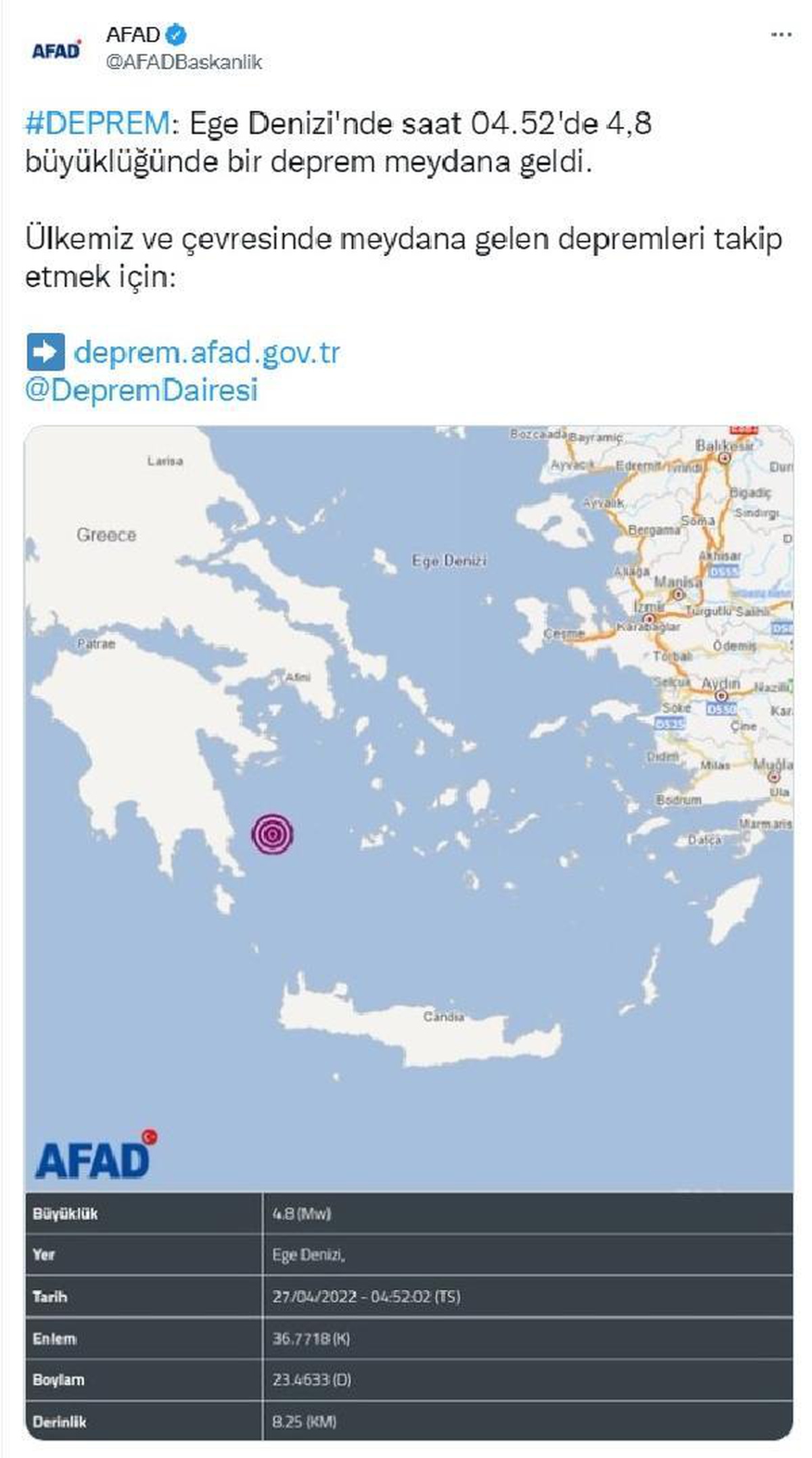 EGE DENİZİ\'NDE 4.8 BÜYÜKLÜĞÜNDE DEPREM