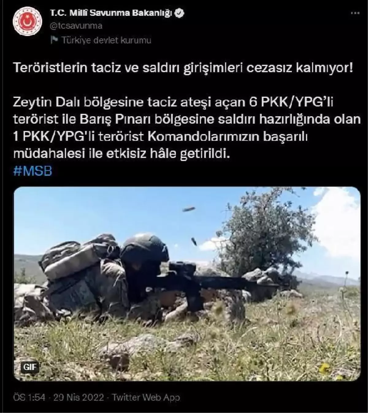 Zeytin Dalı ve Barış Pınarı bölgelerinde 7 PKK/YPG\'li terörist etkisiz hale getirildi