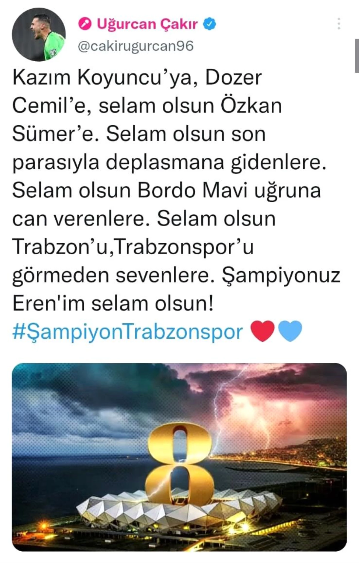 Trabzonspor\'u kurtardığı penaltı ile şampiyonluğa taşıdı, sevincini bu tweetle paylaştı