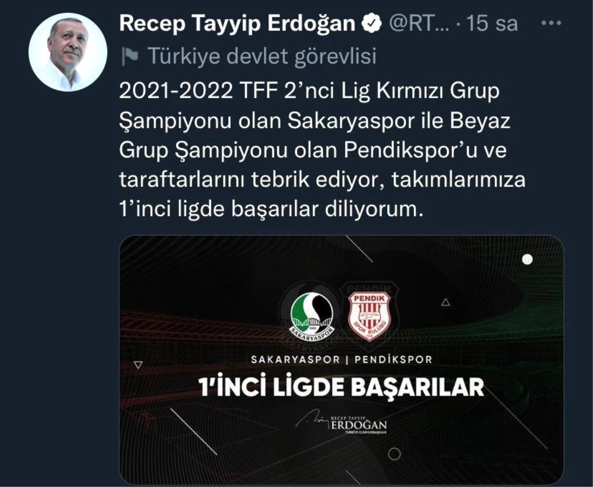 Cumhurbaşkanı Erdoğan Sakaryaspor\'u tebrik etti