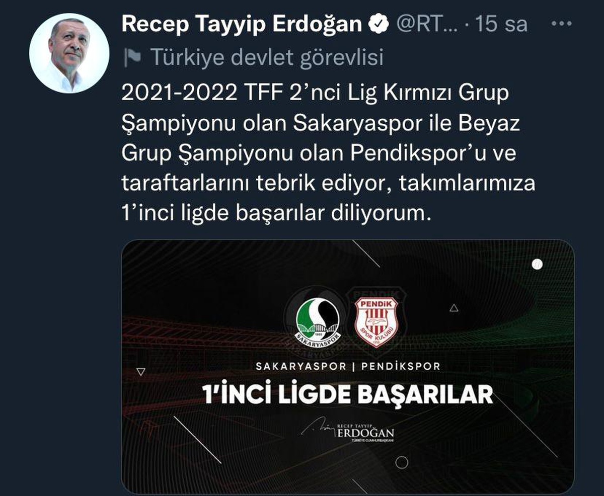 Cumhurbaşkanı Erdoğan Sakaryaspor\'u tebrik etti