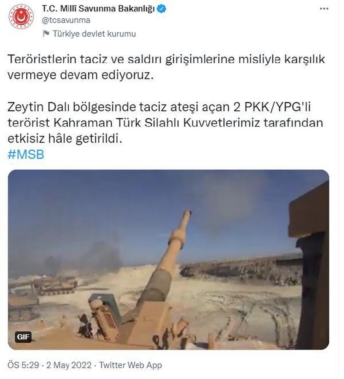 Son dakika haberleri: MSB: PKK/YPG\'li 2 terörist etkisiz hale getirildi