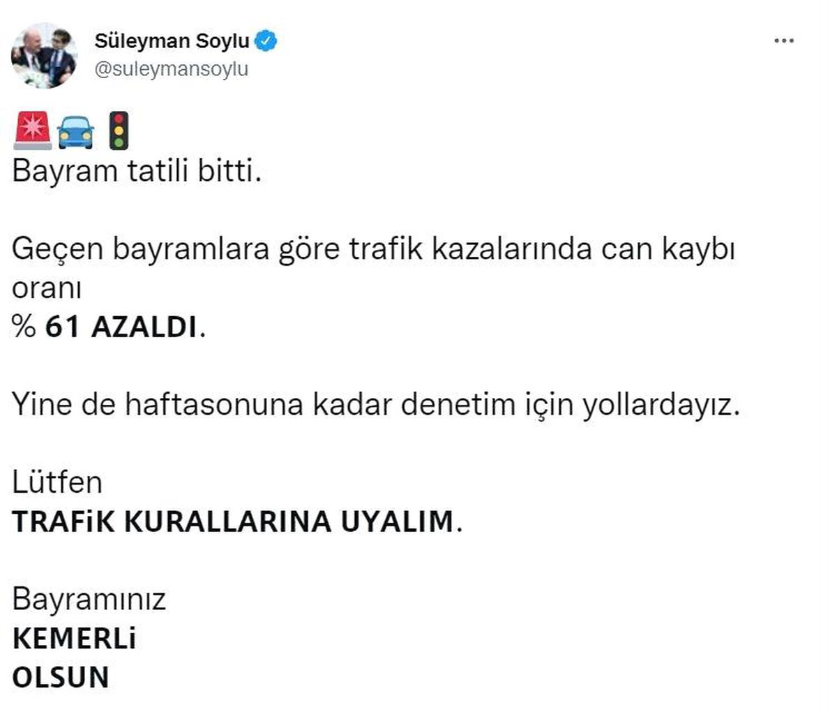 Son dakika haberi: Bakan Soylu: "Geçen bayramlara göre trafik kazalarında can kaybı oranı yüzde 61 azaldı"